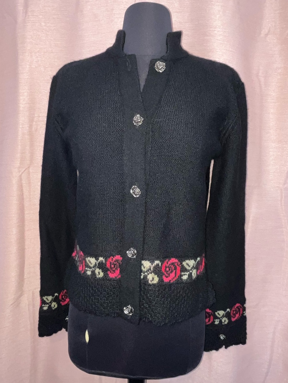 Obermeyer Black Knit Cardigan with     silver-tone rose-shaped buttons